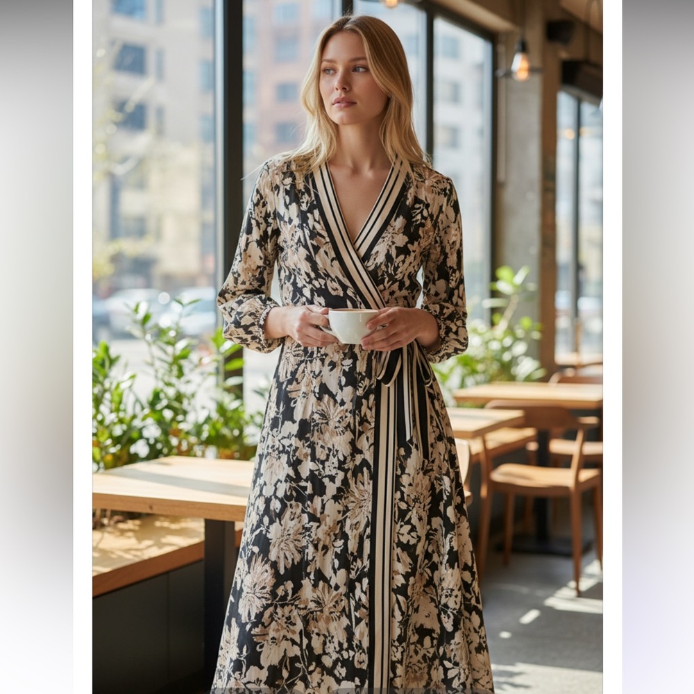 Lane Bryant Black and Cream Floral Midi Dress